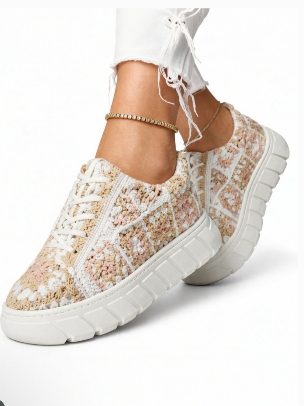 Free People Catch Me Uf You Can Crochet Knit Lace-Up Sneakers in Cream and Blush